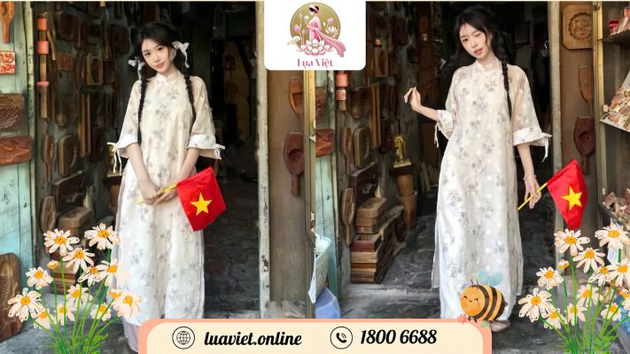 Áo dài dáng suông cổ tàu hoạt tiết hoa