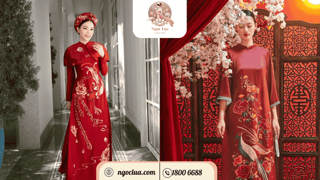 Áo dài cưới họa tiết chim công sang trọng