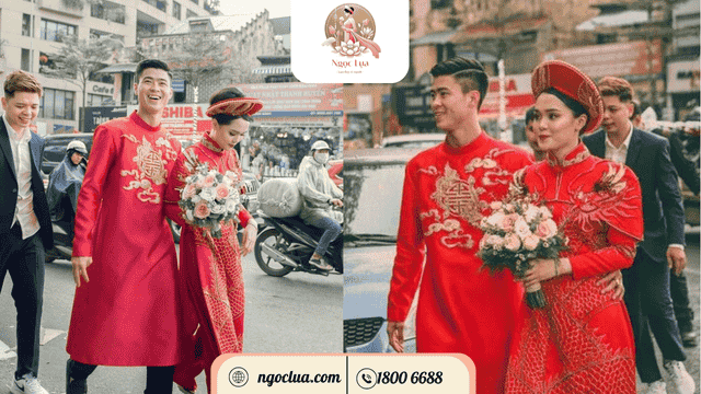 Một trong những mẫu áo dài cưới mới nhất: áo dài cưới phối mấn