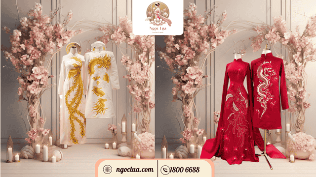 Áo dài cưới hoạ tiết Long Phụng
