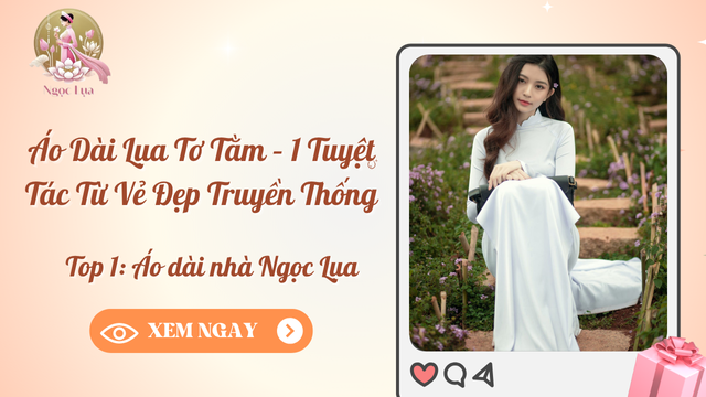 Người mẫu mặc áo dài lụa tơ tằm trắng, ngồi tạo dáng giữa vườn hoa, phong cách truyền thống