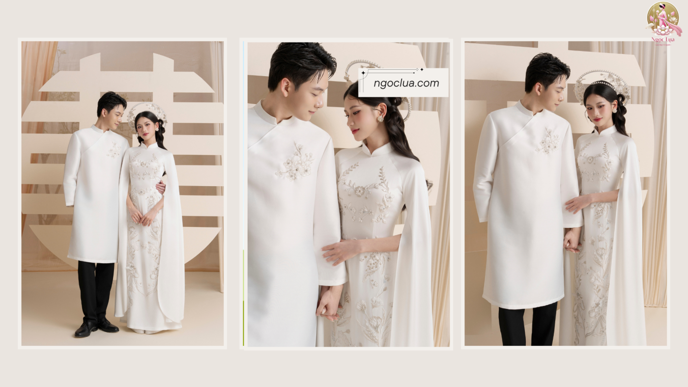 Áo dài cưới trắng đính đá tay lửng