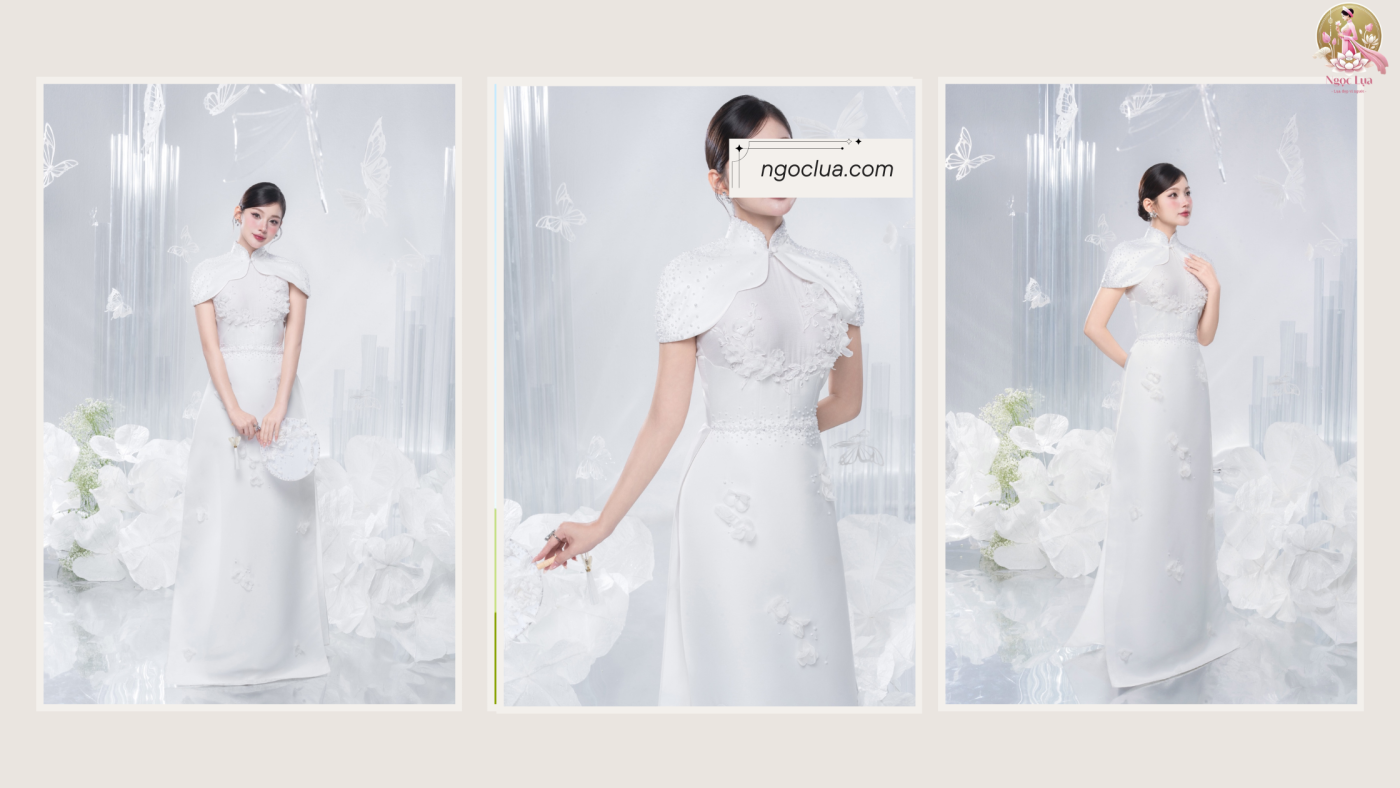 Áo dài cưới đính đá tay bồng