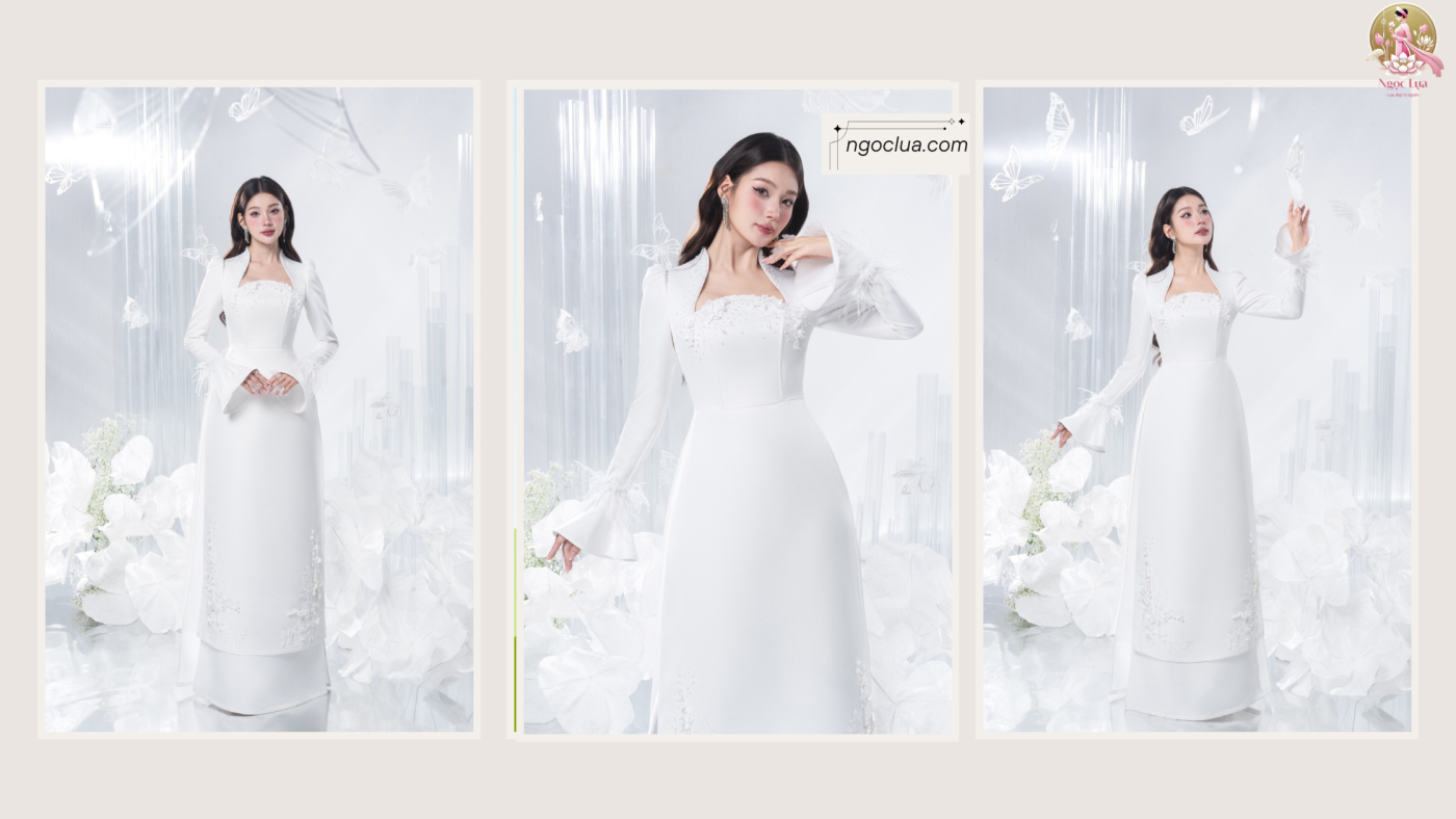 Áo dài cưới đính đá cổ vuông